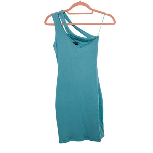NWOT Naked Wardrobe Cut Out For You Bodycon One Shoulder Mini Dress Blue Small - Picture 2 of 7